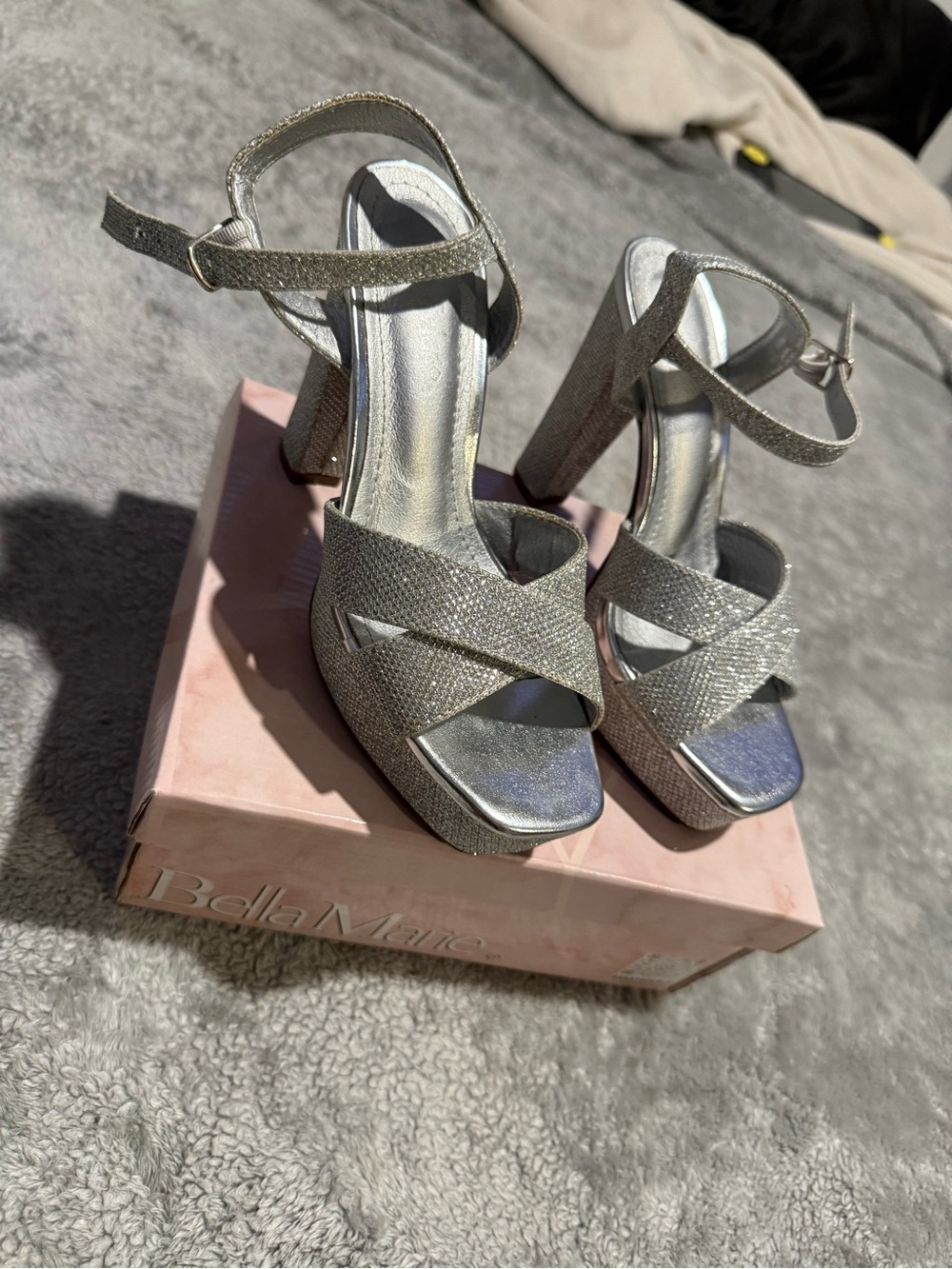 Bella Marie Sparkle Silver Platform Ankle-Strap Heels